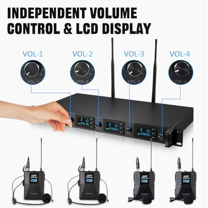Wireless Microphone System 4 Channel UHF 4 Lavalier Lapel Headset Mics for Karaoke Church Speaking Conference Meeting Party, 4x25 Adjustable Frequency (4 Bodypack) - size: 4 Bodypack