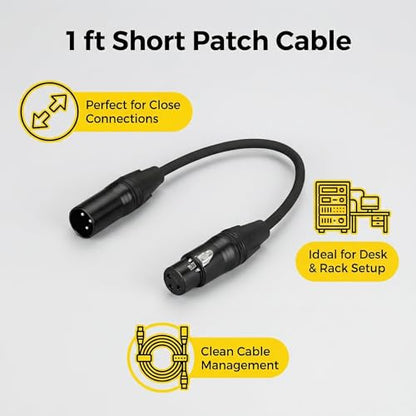 2-Pack Short XLR Cable 1 ft (30cm), Male to Female 3-Pin Balanced Microphone Cable, XLR to XLR Audio Patch/Extension Cord for Mic, Mixer & Studio