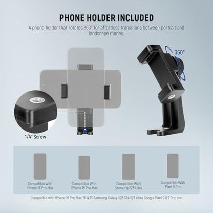 NEEWER BASICS Camera Tripod, 71'' Tripod with Cell Phone Holder Mount Compatible with iPhone for Video Recording, Professional Aluminum Lightweight Portable Travel Stand with 3 Way Pan Tilt Head, TP55 - style: TP55
