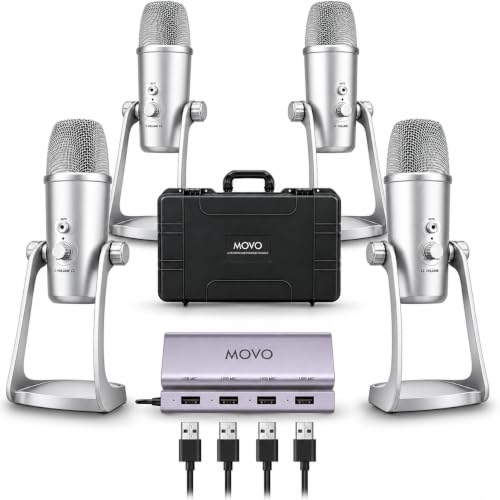 Movo 4-Person USB Podcast Equipment Bundle – 4 Condenser Mics, Hub & Case - color: Silver