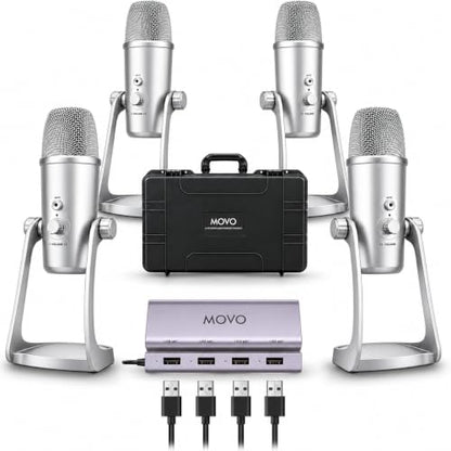 Movo 4-Person USB Podcast Equipment Bundle – 4 Condenser Mics, Hub & Case - color: Silver