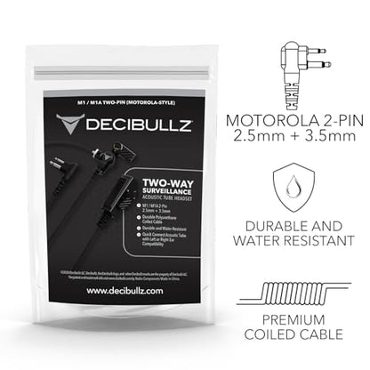 Decibullz 2-Way Surveillance Acoustic Tube Headset, M1 Earpiece Audio Set Compatible with Motorola 2-Pin (2.5mm & 3.5mm) M-Plug Jack Connector, Inline PTT Mic, Clear Coil - style: M1 2-Way Headset