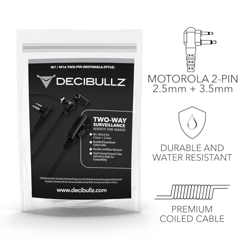 Decibullz 2-Way Surveillance Acoustic Tube Headset, M1 Earpiece Audio Set Compatible with Motorola 2-Pin (2.5mm & 3.5mm) M-Plug Jack Connector, Inline PTT Mic, Clear Coil - style: M1 2-Way Headset