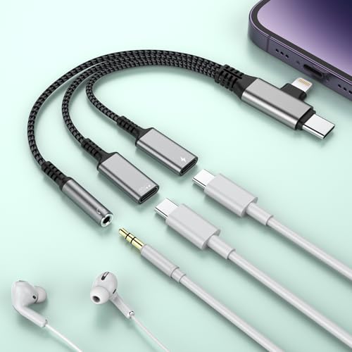 3-in-2 USB C/Lightning to 3.5mm Audio Jack Headphone+USB C Earphone Jack+Type-C Charger Splitter,Apple Aux Adapter for iPhone 16 15 14 13 12 XR/XS/Pro Max/Plus,iPad Pro/Air,Samsung Galaxy S24—Silver