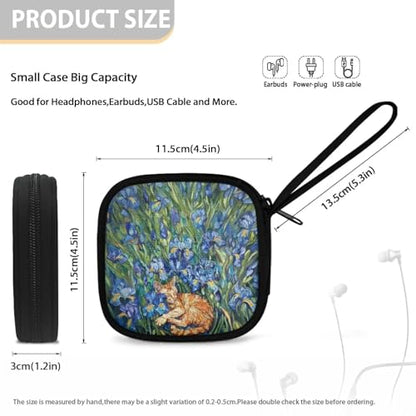 Blue Flower and Cat Portable Wireless Headphone Case, Earphone Storage Bag Carrying Case, Earbud Holder with Handle Headphone Bag Travel - color: Blue Flower And Cat