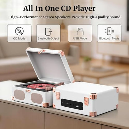 RetroAudio CD Player with Speakers Retro Portable CD Players for Home Music Player with Remote Control,V5.4 Bluetooth in&Out Desktop Suitcase CD Player with AUX in, Headphone Jack,USB Playback，White - color: White