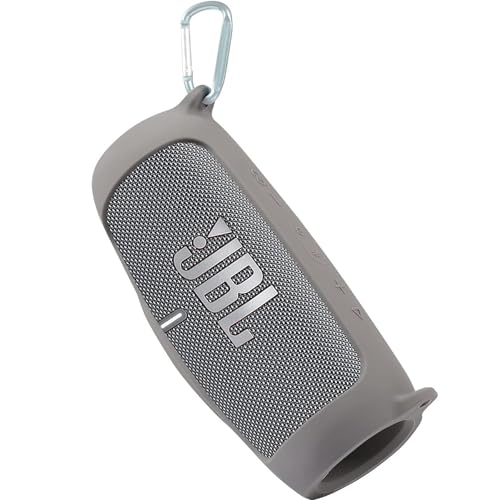 co2CREA for JBL Charge 5 Waterproof Bluetooth Speaker Silicone Cover, Grey | Portable Soft Travel Case with Carabiner, Protective Skin Cover with Shoulder Strap - color: Grey Case, style: Case without handle