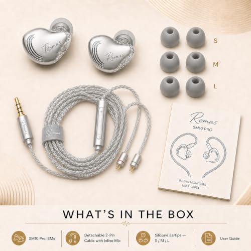Rosmas Wired Earbuds with Mic, HiFi IEM Earphones SM10 Pro 5-Driver Hybrid in-Ear Monitors, 4BA+1DD Hybrid Driver System, Detachable 2-Pin Cable, 3.5mm Gaming Earphones for Music, Calls and PC - color: silver&3.5mm