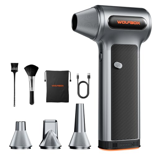WOLFBOX MF200 Compressed Air Duster, Removable Battery, Car Cleaning, Home | 4 Nozzles, Cordless, 3-Speed Adjustable, Mini Blower, Computer Keyboard, Outdoor Use, 0.85 lb Portable, 2 Brushes