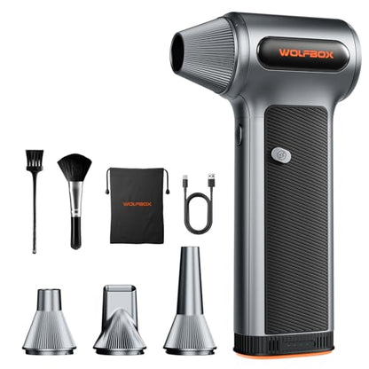WOLFBOX MF200 Compressed Air Duster, Removable Battery, Car Cleaning, Home | 4 Nozzles, Cordless, 3-Speed Adjustable, Mini Blower, Computer Keyboard, Outdoor Use, 0.85 lb Portable, 2 Brushes