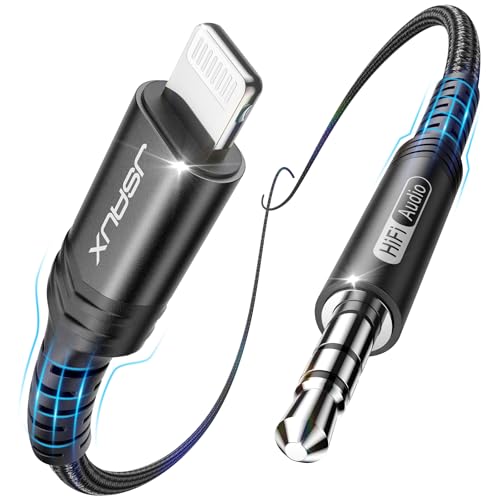 JSAUX MFi Lightning to 3.5mm Audio Cable 6FT for iPhone, Car Stereo, Black | Apple MFi Certified 24-bit/96kHz DAC; 15,000-bend-tested nylon braid for Lightning iPhone/iPad/iPod, for car stereo - color: Black, size: 6ft