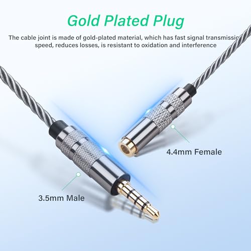 SinLoon 4.4mm Female to 3.5mm TRRS Male Audio Adapter Cable, Gold Plated OFC Braided Converter, Support Microphone for HiFi DAP & Calls (Cool Grey)