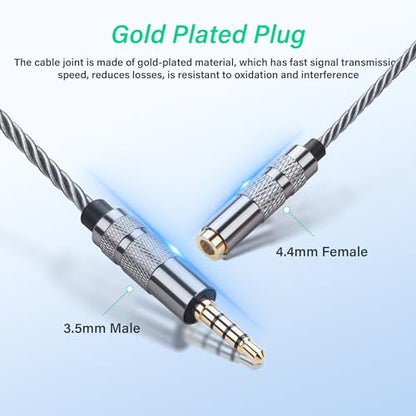 SinLoon 4.4mm Female to 3.5mm TRRS Male Audio Adapter Cable, Gold Plated OFC Braided Converter, Support Microphone for HiFi DAP & Calls (Cool Grey)