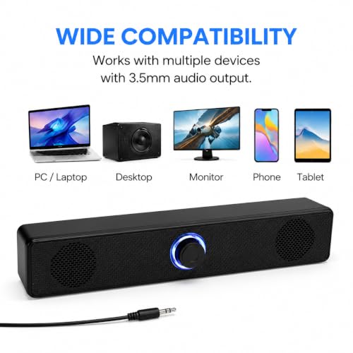 Computer Speakers USB Powered Wired Stereo with Illuminated Volume Knob and 3.5mm Aux Plug for PC Desktop Laptop Office with Clear Audio Easy Setup and Portable Design - color: Black