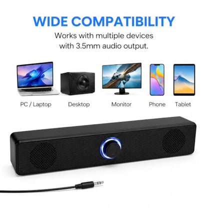 Computer Speakers USB Powered Wired Stereo with Illuminated Volume Knob and 3.5mm Aux Plug for PC Desktop Laptop Office with Clear Audio Easy Setup and Portable Design - color: Black