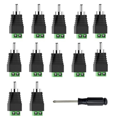 PANPEO RCA to Speaker Wire Adapter 12-Pack Solderless 14AWG | RCA male solderless speaker wire adapter, No soldering no crimping, Screwdriver included, Max 14AWG, For speakers/CCTV/audio