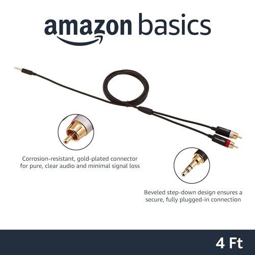 Amazon Basics 3.5mm Stereo Aux to 2 RCA Audio Cable Adapter for Sound, Connecting Amplifiers, Speakers, Smartphone, Tablet with Gold-Plated Plugs, 4 Feet/1.2 m, Black - size: 4 Feet