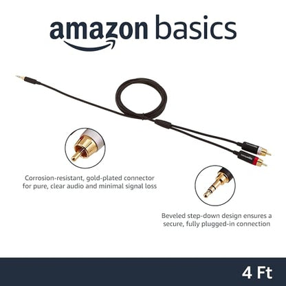 Amazon Basics 3.5mm Stereo Aux to 2 RCA Audio Cable Adapter for Sound, Connecting Amplifiers, Speakers, Smartphone, Tablet with Gold-Plated Plugs, 4 Feet/1.2 m, Black - size: 4 Feet