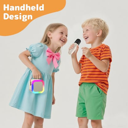 Karaoke Machine for Kids Adults, Mini Karaoke Machine with 2 Wireless Microphones, Portable Bluetooth Speaker with Voice Changing Effects & LED Lights, Best Gifts Toys for Girls and Boys - color: Beige