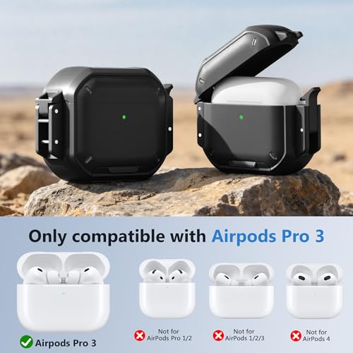Waterproof Case with Lock for AirPods Pro 3 | IP68 waterproof, Mil-grade drop-proof, Secure lock, Keychain & stand. Hard protection for AirPods Pro 3. - color: Black