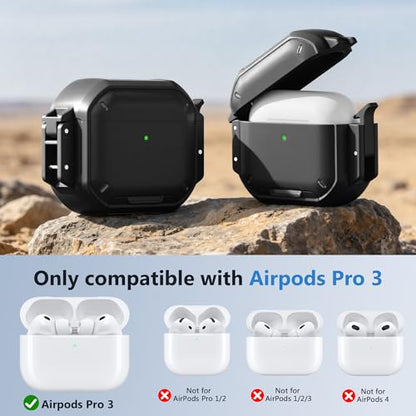 Waterproof Case with Lock for AirPods Pro 3 | IP68 waterproof, Mil-grade drop-proof, Secure lock, Keychain & stand. Hard protection for AirPods Pro 3. - color: Black