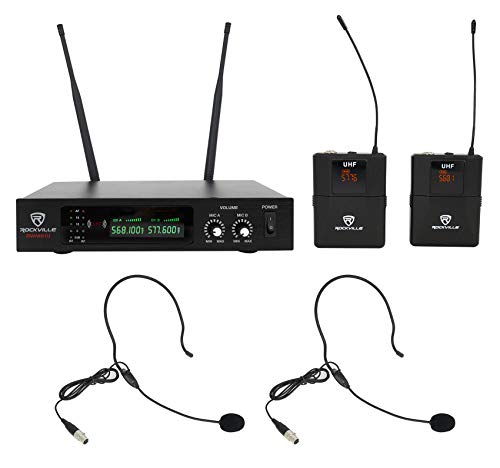 Rockville RWM81U Dual UHF Headset & Guitar Wireless Microphone System, LCD | XLR and 1/4in Output, Two Channel, Cardioid, 300-400ft Range, 10 Hour Battery, Metal Housing, Auto Sync, Volume Controls