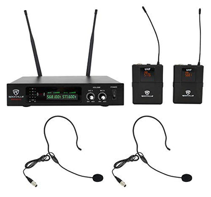 Rockville RWM81U Dual UHF Headset & Guitar Wireless Microphone System, LCD | XLR and 1/4in Output, Two Channel, Cardioid, 300-400ft Range, 10 Hour Battery, Metal Housing, Auto Sync, Volume Controls