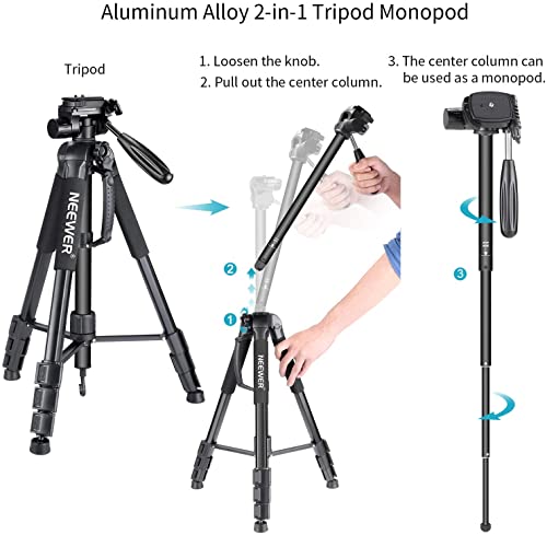 NEEWER Portable Aluminum Alloy Camera 2 in 1 Tripod Monopod Max. 70"/177cm with 3 Way Swivel Pan Head and Carrying Bag for DSLR, DV Video Camcorder (SAB264, Black) - style: SAB264/Black