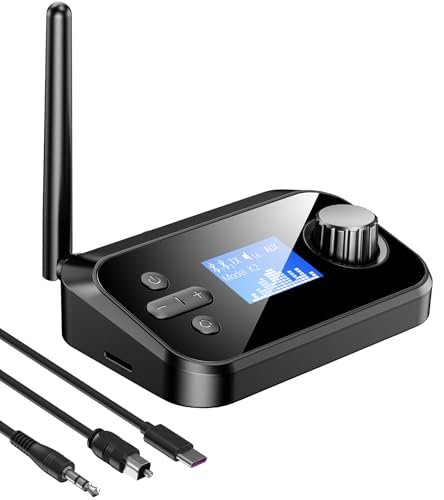 KAIY Bluetooth Transmitter for TV to Dual Headphones AUX Adapter | Bluetooth Adapter with LCD Display Adjustable Volume, Bluetooth Receiver for Home Stereo, Support 3.5mm/Optical/TF Card