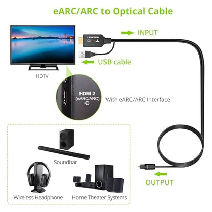 LiNKFOR eARC/ARC to Optical Audio Extractor Cable (1.5M/5ft), All-in-One HDMI ARC to TOSLINK Adapter, Supports 192KHz/24bit, DTS 5.1, Dolby Digital, Plug and Play for TV to Soundbar, Home Theater