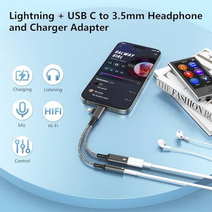 2-in-2 Lightning & USB C to 3.5mm Aux Audio Jack Headphone+Type-C Charge Cable Splitter，Earphone Converter Adapter for Music+Charge+HiFi for iPhone14 13 12,iPad,Samsung【Apple MFi Certified】-Black