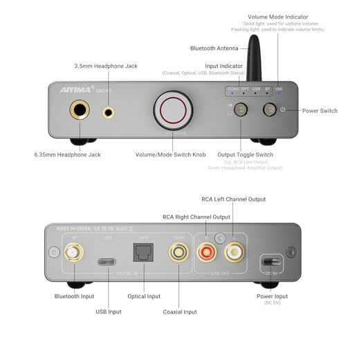 AIYIMA DAC A7 Bluetooth Desktop DAC Headphone Amplifier for Music,PC,Gaming | ESS ES9038Q2M DAC,QCC3084 Bluetooth,USB-C,Opt & Coax input with RCA,3.5mm and 6.35mm outputs for 16–600Ω headphone,PS5 & Xbox