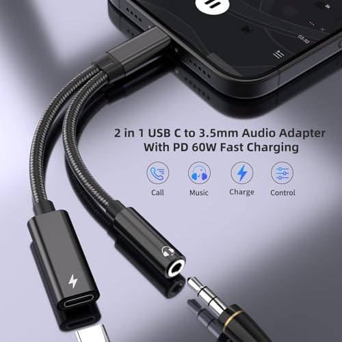 2 Pack USB C to 3.5mm Headphone and Charger Adapter, 2 in 1 Hi-Res 32bit/384kHz Aux to USB C with Safe PD 60W Fast Charging Dongle Cable for iPhone 17/16, Galaxy S26/S25, Google Pixel 10/9, and more - color: Black-2 Pack