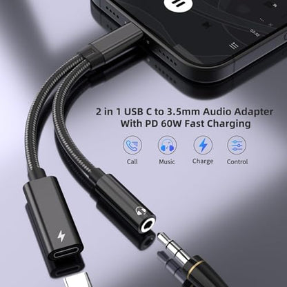 2 Pack USB C to 3.5mm Headphone and Charger Adapter, 2 in 1 Hi-Res 32bit/384kHz Aux to USB C with Safe PD 60W Fast Charging Dongle Cable for iPhone 17/16, Galaxy S26/S25, Google Pixel 10/9, and more - color: Black-2 Pack