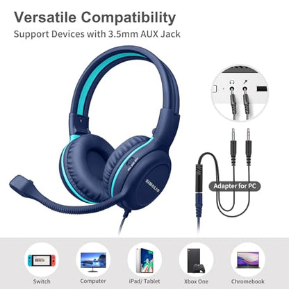 SIMOLIO Wired Headphones for School with Microphone, Stereo Kids Headphone with Flexible Swivel Boom Mic for Student K12 & Teacher & E-Learning, 3 Levels Volume Limiter Gaming Headsets for Boys, Girls - color: Blue