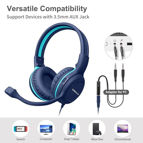 SIMOLIO Wired Headphones for School with Microphone, Stereo Kids Headphone with Flexible Swivel Boom Mic for Student K12 & Teacher & E-Learning, 3 Levels Volume Limiter Gaming Headsets for Boys, Girls - color: Pink & Blue