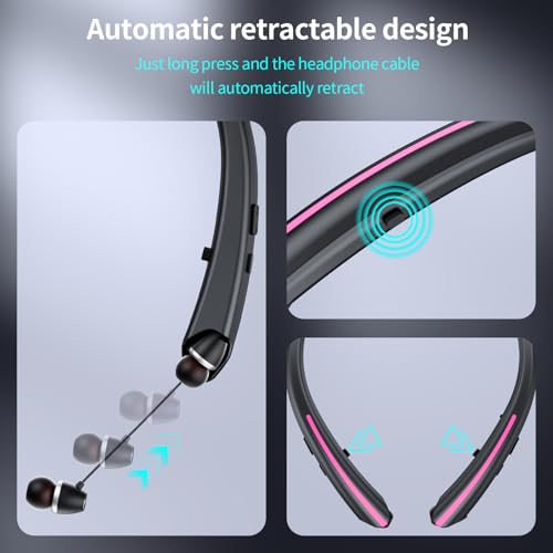 Neckband Retractable Bluetooth Headphones, Wireless Headset with 22H Playtime, Sweat-Resistant Sports, Dual Device Connect, Noise Cancelling Earphones with Mic (Pink) - color: PINK