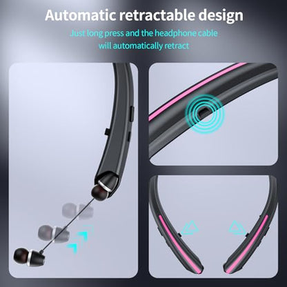 Neckband Retractable Bluetooth Headphones, Wireless Headset with 22H Playtime, Sweat-Resistant Sports, Dual Device Connect, Noise Cancelling Earphones with Mic (Pink) - color: PINK