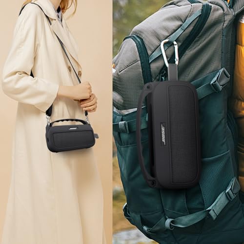 co2CREA Soft Silicone Case for Bose SoundLink Flex 2nd Gen, Black | Skin-Friendly Handle, Adjustable Shoulder Strap, Crossbody Carrying, Aluminum Carabiner, Lightweight - color: Black Case