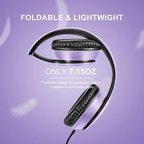 Lorelei X6 Over-Ear Headphones with Microphone, Purple-Black Lightweight Foldable & Portable Stereo Bass, Wired for Smartphone & Tablet, MP3 (1.45M No-Tangle) - color: Purple-black