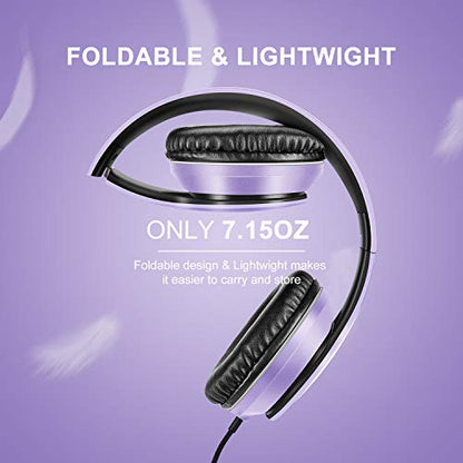 Lorelei X6 Over-Ear Headphones with Microphone, Purple-Black Lightweight Foldable & Portable Stereo Bass, Wired for Smartphone & Tablet, MP3 (1.45M No-Tangle) - color: Purple-black
