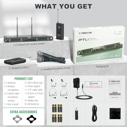 Phenyx Pro 4-Ch UHF Fixed Frequency Wireless Microphone PTU-5000-2H2B | 2 Handheld Mics, 2 Bodypacks, Headset/Lapel Mics, Metal Build, 260 ft Range, Church Services, DJ Sets