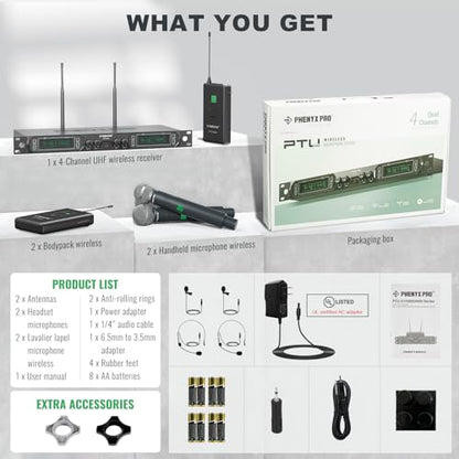 Phenyx Pro 4-Ch UHF Fixed Frequency Wireless Microphone PTU-5000-2H2B | 2 Handheld Mics, 2 Bodypacks, Headset/Lapel Mics, Metal Build, 260 ft Range, Church Services, DJ Sets