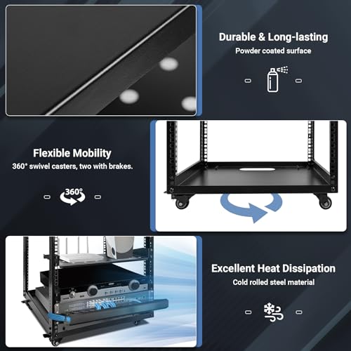 Upgraded 10U Server Rack with 4 Swivel Casters & 2 Shelves | Wall-Mountable & Freestanding Open Frame Network Rack for Computer/Data/IT/Stereo Equipment, 19.7”L x 18.8”W x 23.4”H - size: 10U