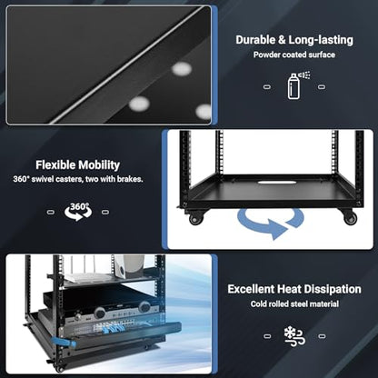Upgraded 10U Server Rack with 4 Swivel Casters & 2 Shelves | Wall-Mountable & Freestanding Open Frame Network Rack for Computer/Data/IT/Stereo Equipment, 19.7”L x 18.8”W x 23.4”H - size: 10U