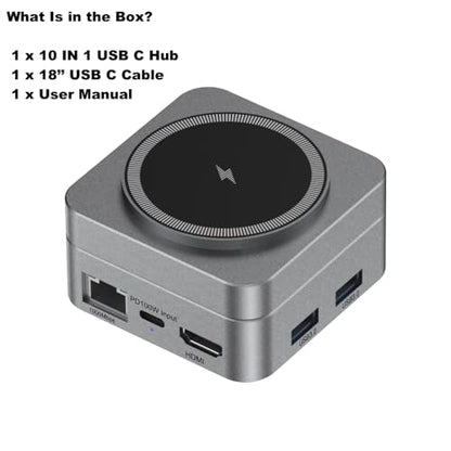 10-in-1 Portable USB-C Hub with Wireless Charger, 4K HDMI, Made with Aluminum Alloy Casing for Durability, Compatible with Mac, Windows, Compact and Lightweight USB C Docking Station for Travel