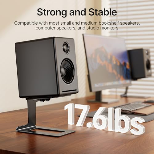 Desktop Speaker Stands, Adjustable Depth 5.5″–7.5″, 1 Pair | 17.6lbs Capacity Each, with Vibration Absorption Pads, Cantilevered Stand for Small & Medium Bookshelf Speakers, Black
