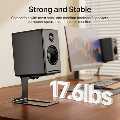 Desktop Speaker Stands, Adjustable Depth 5.5″–7.5″, 1 Pair | 17.6lbs Capacity Each, with Vibration Absorption Pads, Cantilevered Stand for Small & Medium Bookshelf Speakers, Black