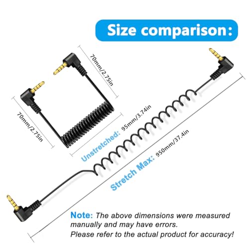 90 Degree 1/8" Male to Male Jack 4 Pole TRRS Extension Aux Spring Cord | Coiled Right Angle 3.5mm Stereo Audio Cable for PC,TV, Recorders,MP3,Card Holder,Amplifier,Speaker