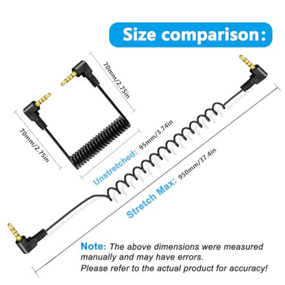 90 Degree 1/8" Male to Male Jack 4 Pole TRRS Extension Aux Spring Cord | Coiled Right Angle 3.5mm Stereo Audio Cable for PC,TV, Recorders,MP3,Card Holder,Amplifier,Speaker